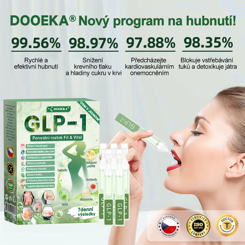 DOOEKA® GLP-1 8 v 1 Fit & Vital perorální roztok – 💧 jednou denně, viditelné změny za 7 dní / při obezitě, kardiovaskulárním zdraví, cukrovce, spánkové apnoi, zdraví střev, kloubních potížích a mnoha dalších stavech