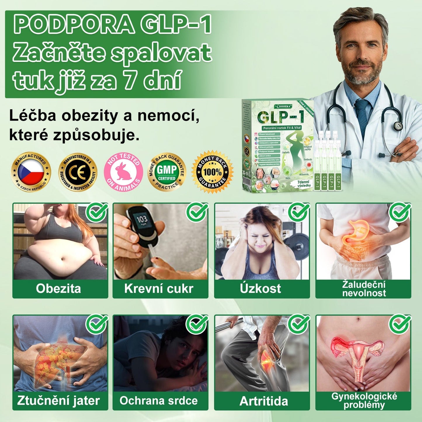 DOOEKA® GLP-1 8 v 1 Fit & Vital perorální roztok – 💧 jednou denně, viditelné změny za 7 dní / při obezitě, kardiovaskulárním zdraví, cukrovce, spánkové apnoi, zdraví střev, kloubních potížích a mnoha dalších stavech